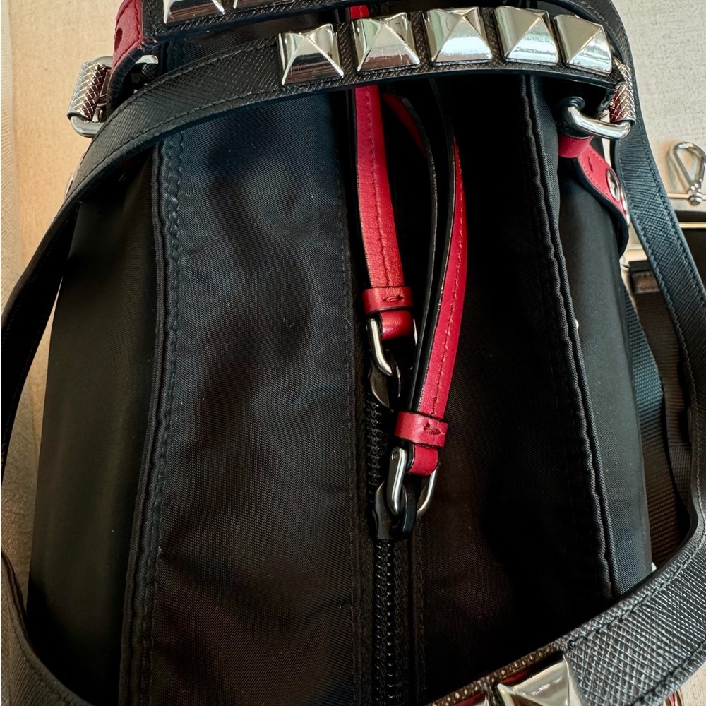 Prada Vela Studded Nylon Black and Red Convertible Tote Bag - Picture 7 of 16